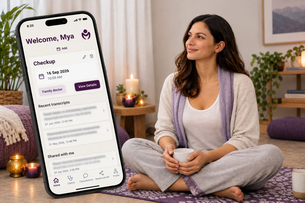 Ruth using Myon Health at home, with the app shown on a phone